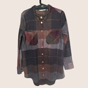 🍷 SOFT SURROUNDINGS PLAID FLANNEL SNAP UP SHACKET POCKETS BROWN WINE MEDIUM